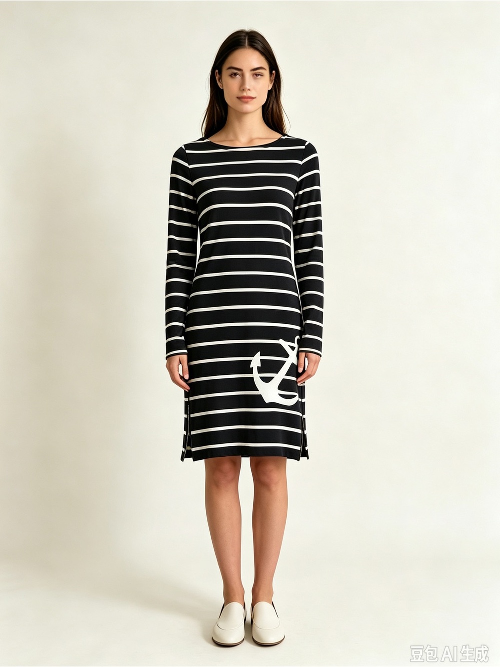 J.CREW Navy/White Striped Cotton Knit Long Sleeve Boat Neck Dress Anchor Zip S